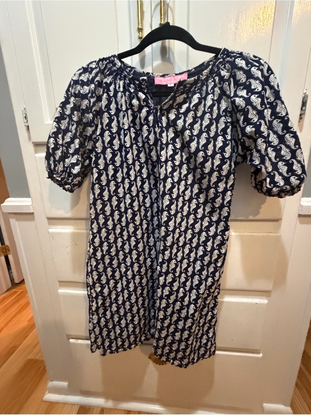 Ladies Dress Preppy GirlS Navy With White Seahorses How And Eye Puffy Sleeves